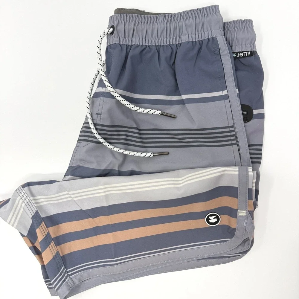 Jetty Mens Small Striped Board Shorts Grey Blue Tan Swim Trunks Recycled